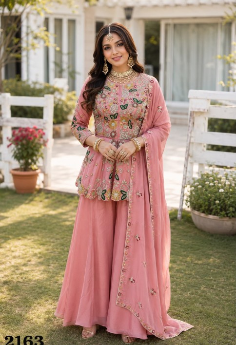 Pink Faux Crepe Embroidered Work Palazzo Salwar Suit